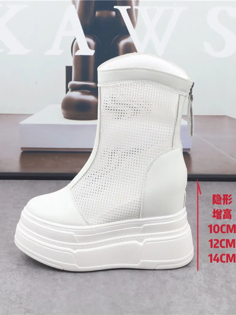 Women's 14CM Hidden Height Increasing Ankle Boots Summer Mesh Cutout Breathable Shoes 12CM Thick Sole Casual Sandals