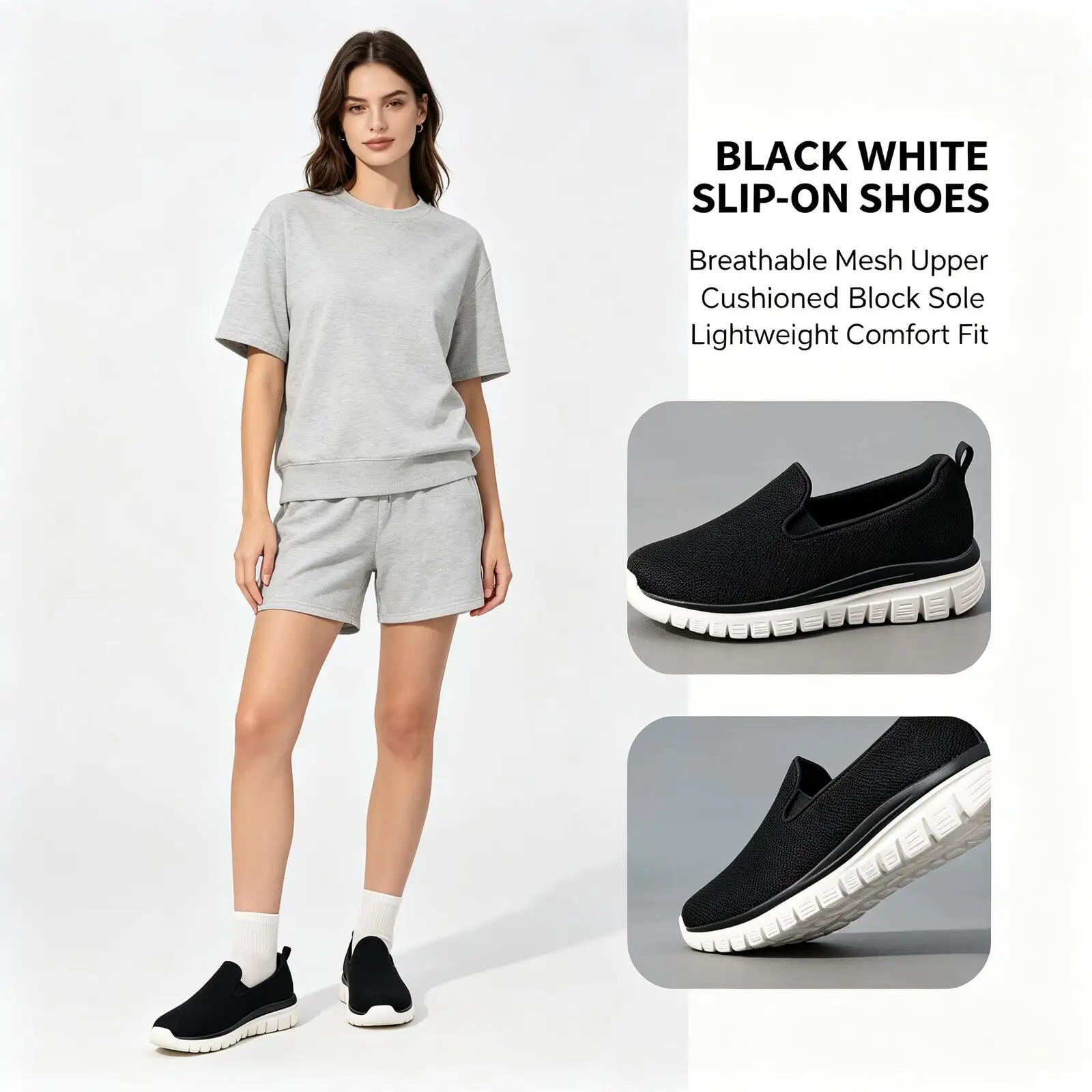 Skechers Black White Mesh Slip-On Shoes Breathable Lightweight Cushioned Block Sole Casual Sneakers for Everyday Walking Comfort