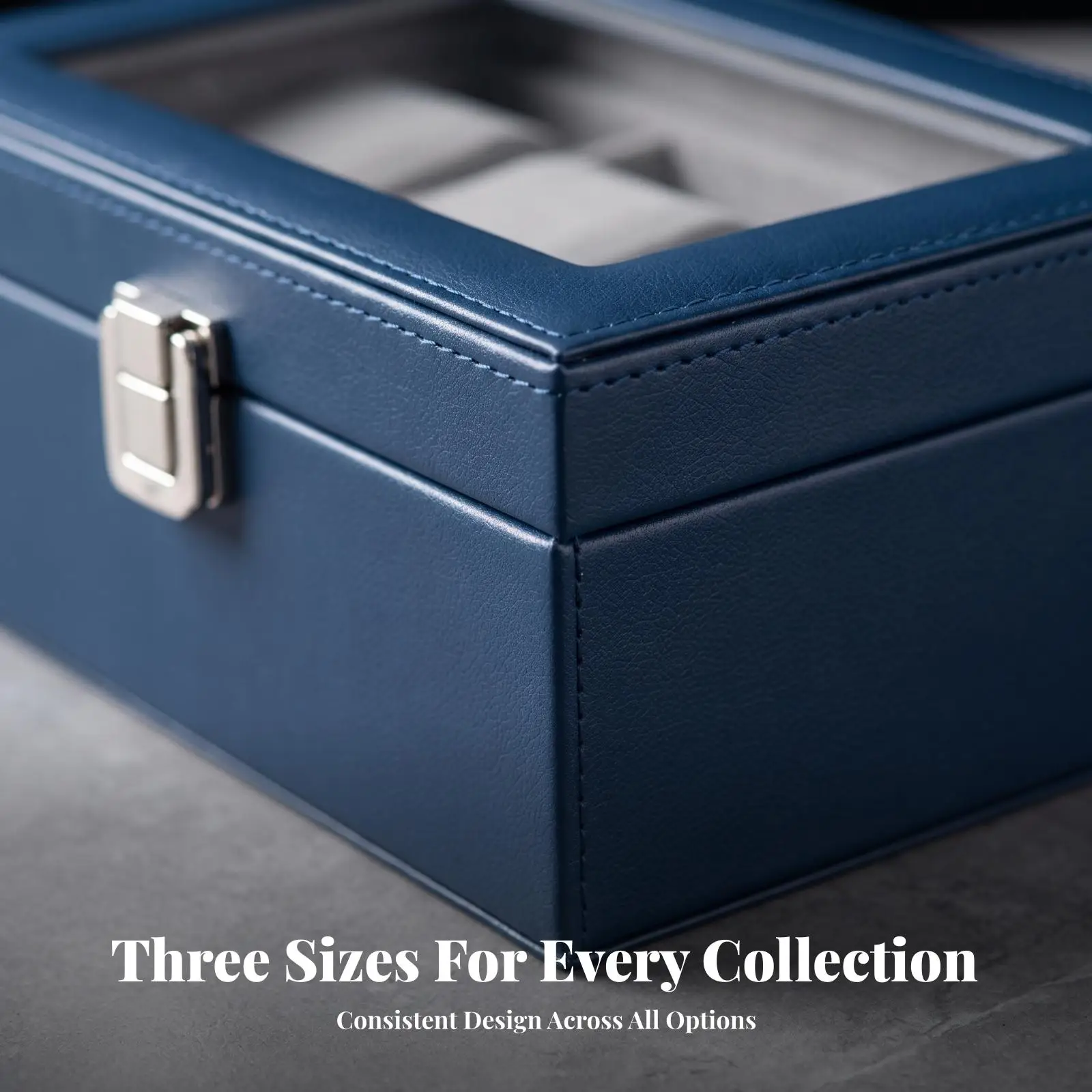 Bracelet Organizer Case with Hinged Window Lid and Padded Slots Blue Leather Jewelry Box for Tabletop