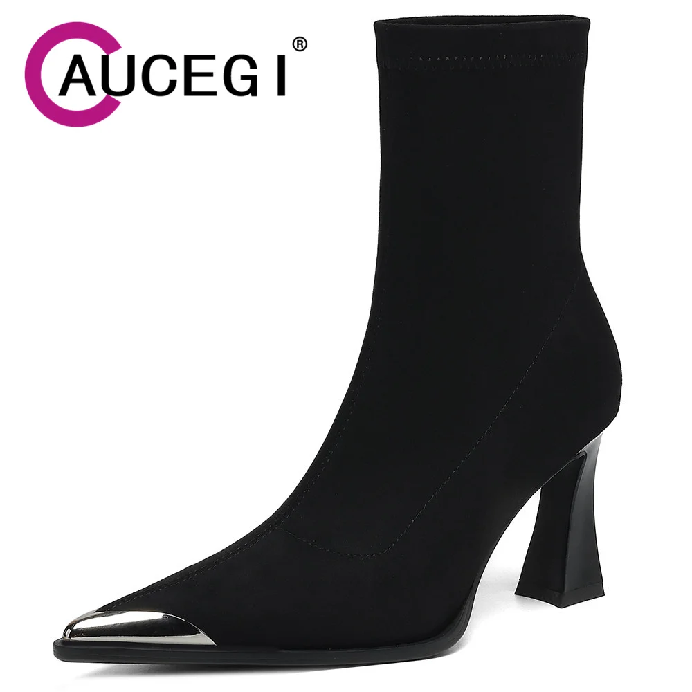 Aucegi Women Kid Suede Simple Ankle Boots 2026 New Autumn Winter Pointed Toe Lace Up Block Heel Work Casual Manual Made Shoes