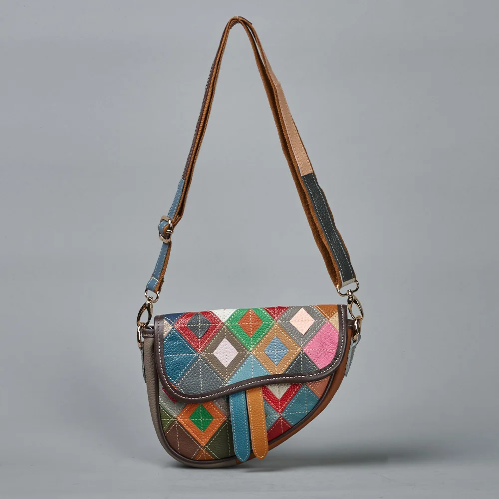 New style contrast-colored diamond pattern cowhide handmade messenger bag, small shoulder bag