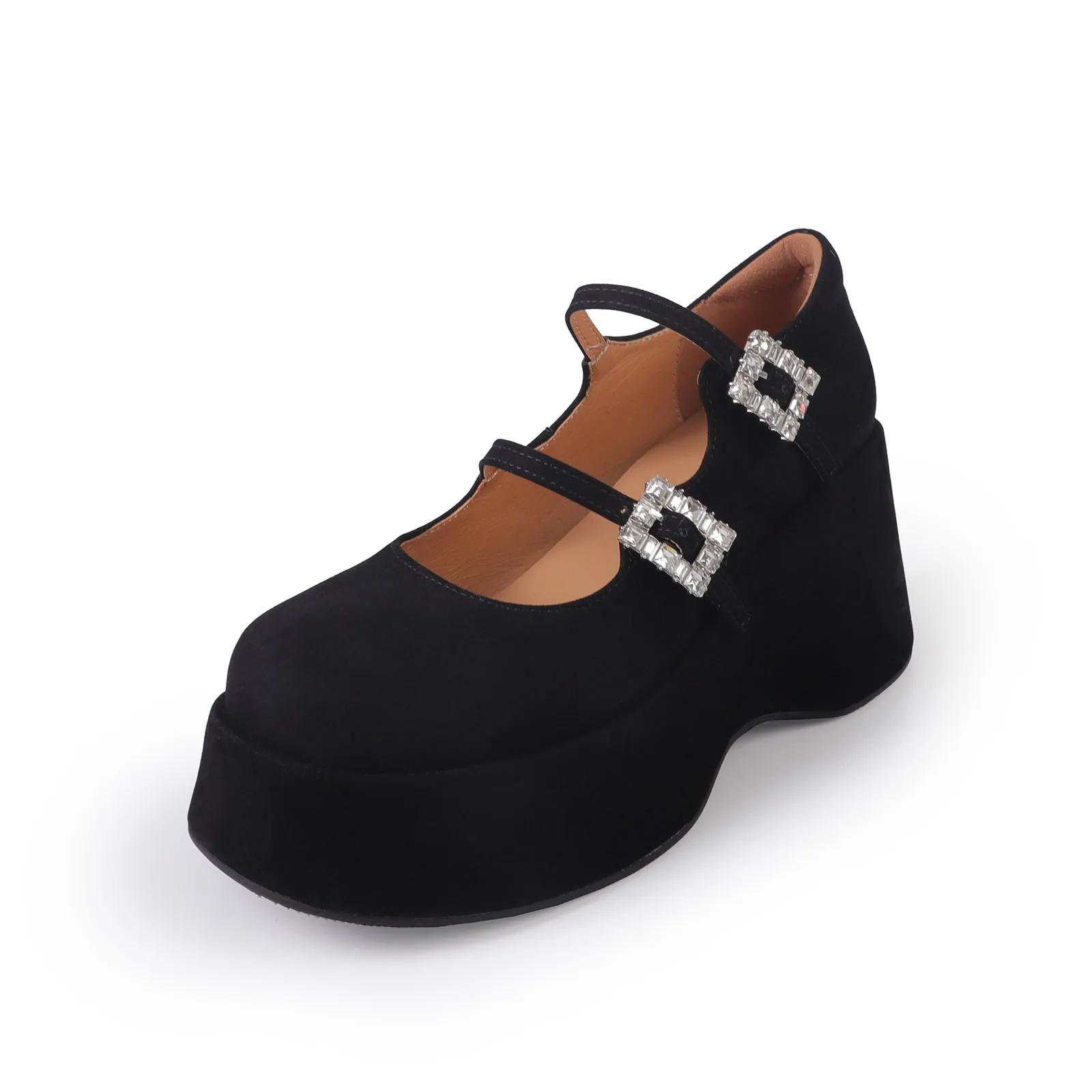 Arden Furtado Spring Sheep suede Platform Mary Jane shoes round toe Crystal Belt buckle Wedges Pumps Flat platform shoes