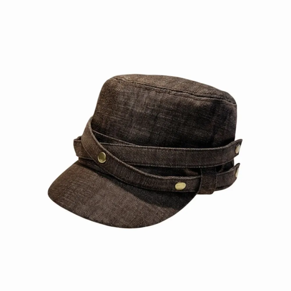 Washed Denim Denim Flat Hat Metal Button Cross Ribbon Vintage Visor Hat Short Brim Adjustable Strap Retro Equestrian Cap