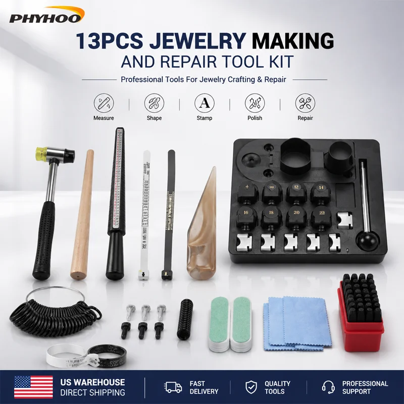 PHYHOO 23PCS Jewelry Making Tool Kit Ring Sizer Bending Mandrel Letter Stamp Set Polishing Repair Tools DIY USA Warehouse Stocks