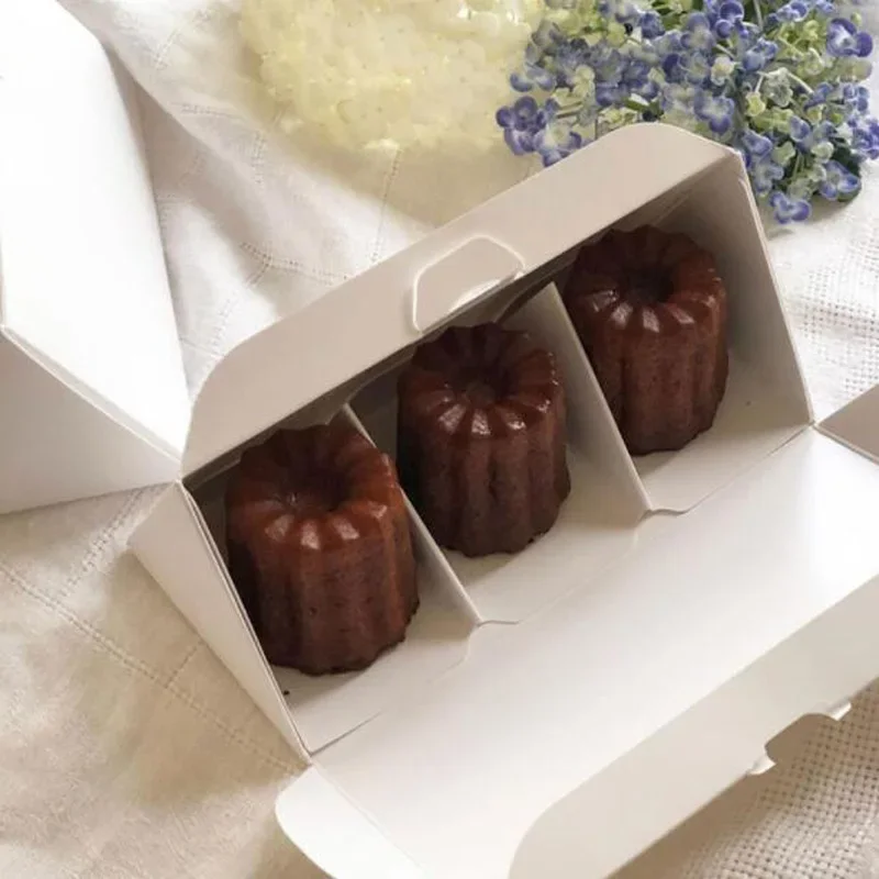30pcs 3 Grids Canele Dessert Boxes Triangular White Paper Cannele Cake Boxes Japanese Simple Baking Packaging Boxes