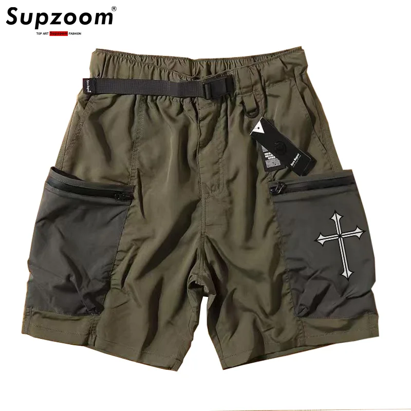 Supzoom New Arrival Top Fashion Summer Loose Casual Belt Design Cross Trendy grid Stitching Pocket Personalized Shorts Men