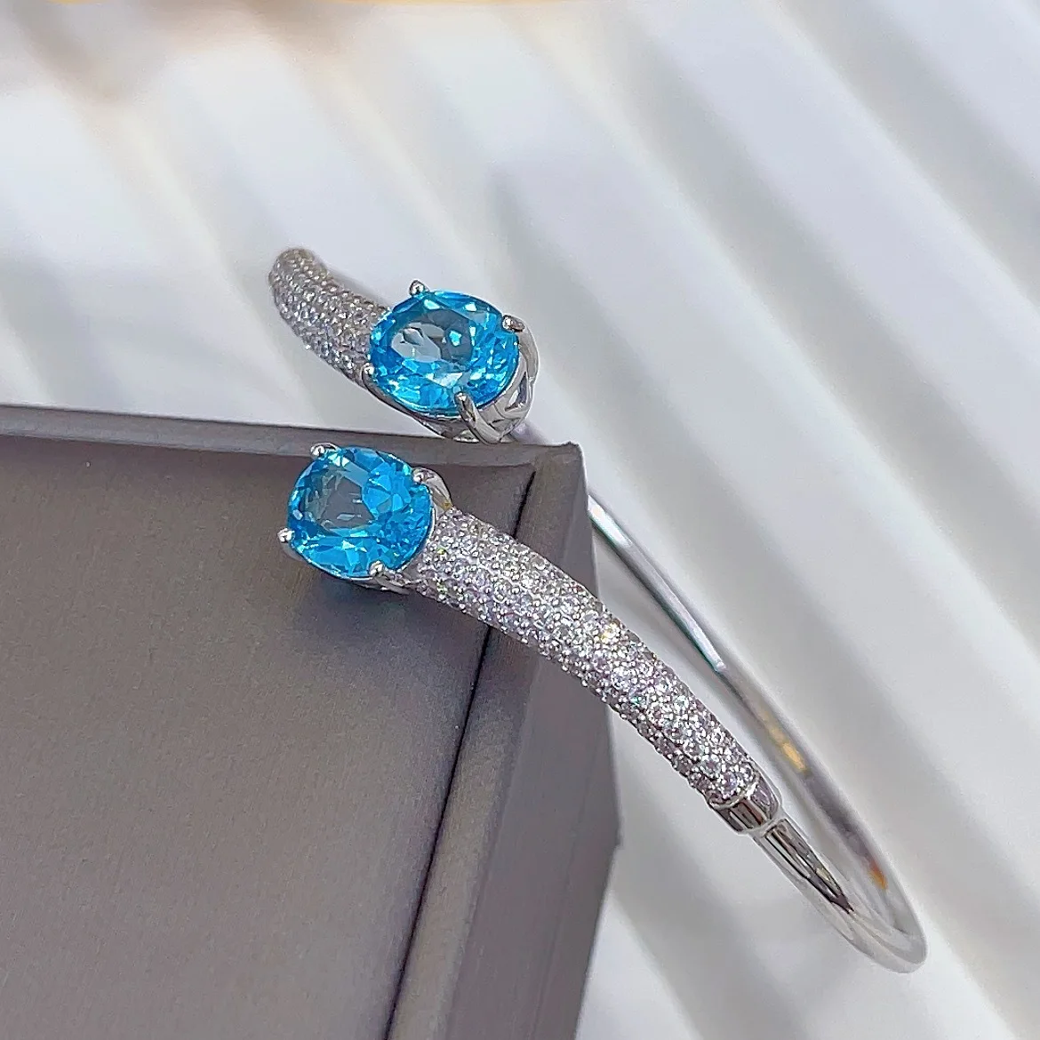 Swiss Blue Topaz Bracelet 8x10mm, S925 Silver White Gold Plated Statement Gemstone Jewelry