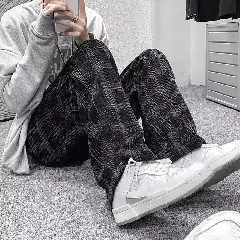2026-27 Spring Summer Corduroy Vintage Plaid Pants Men Streetwear Wide Leg Baggy Pants Harajuku Fashion Mens Clothing Casual Y2k
