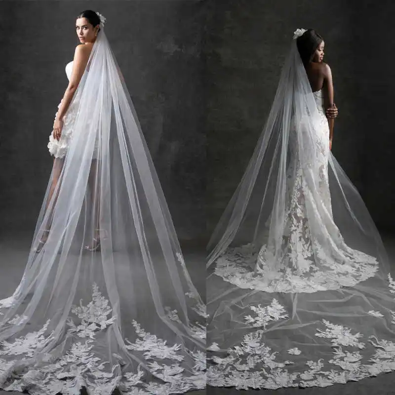 Charming Wedding Veil One Layer Appliques Bride Veils Comb Elegant Cathedral Length Bridal Accessories Customized Velo De Novia