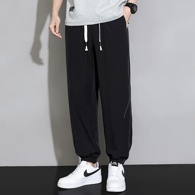 2026 Men Summer New Hot Sale Stretch Ice Silk Casual Sweatpants Trend Male Daily Baggy Breathable Taper Leg Ankle Length Pants