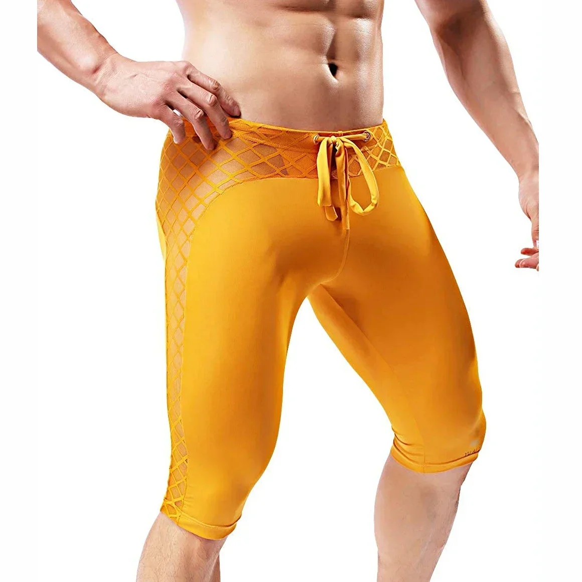 Ice Silk Sexy Knee-Length Compression Pants for Men Breathable Mesh Fitness Tights Shorts for Running Workout Sweatpants Trunks