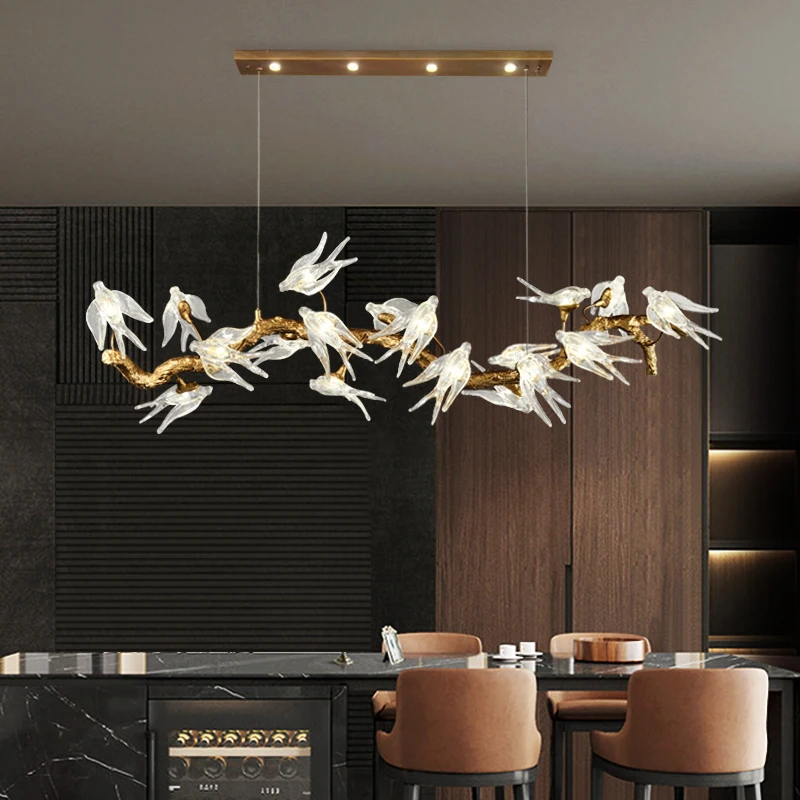 Nordic Luxury All Copper Swallow Glass LED Pendant Lamp Restaurant Hotel Study Tea Room Chandelier High-end Home Decor Lighting