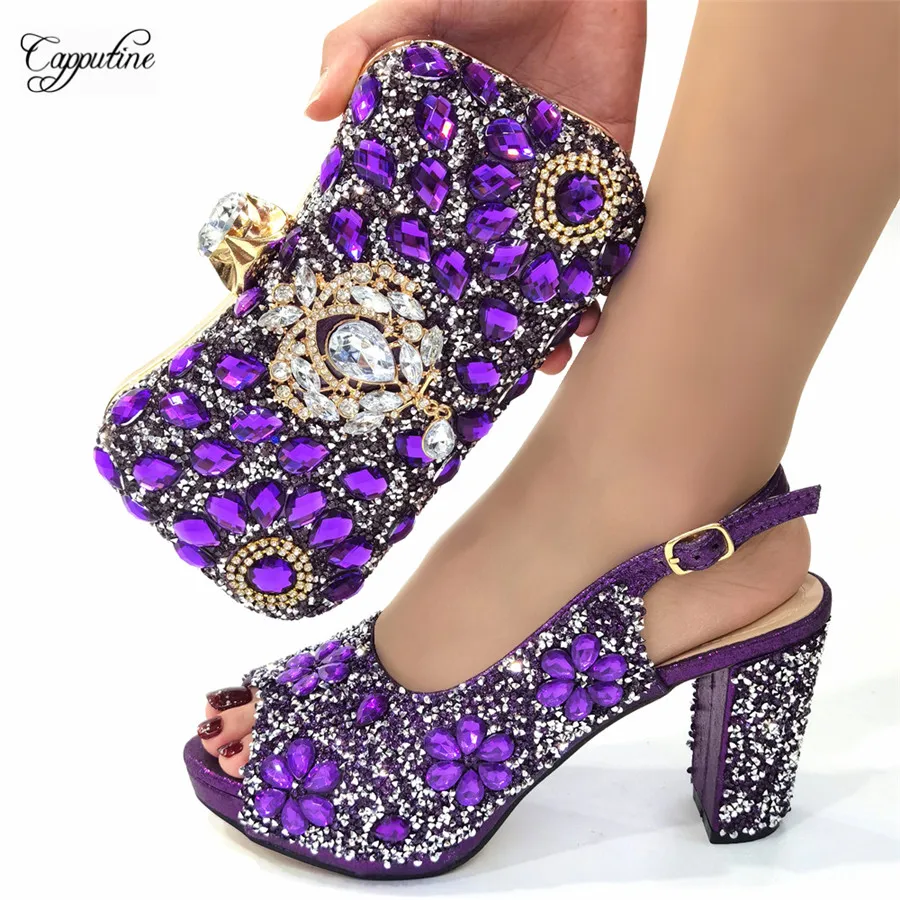 Purple Women Stones Shoes And Purse Bag Set African Ladies High Heels Sandals Match With Handbag Clutch Femmes Sandales CR660