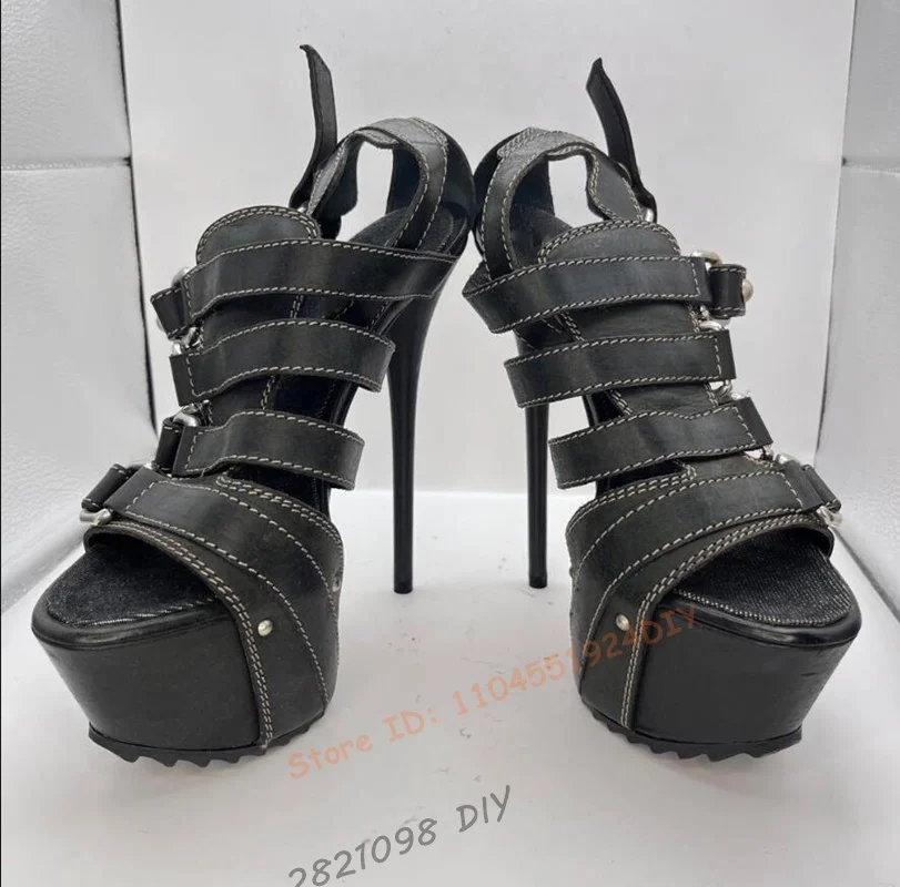 Thick Platform Rivet Buckled Straps Thin High Heel Sandals Peep Toe Hook and Loop Stiletto Heels Women's Sandals Cut Out