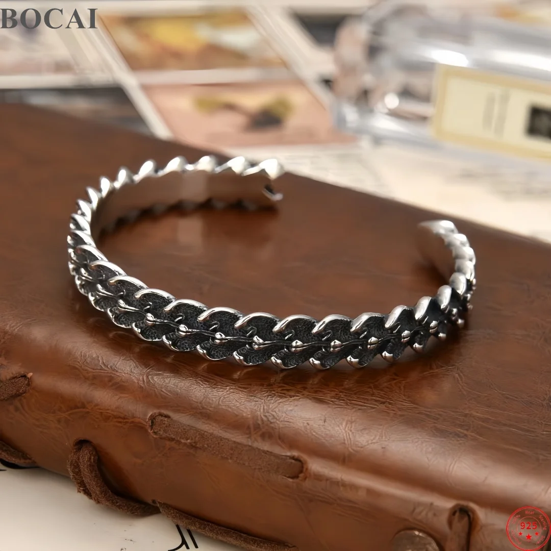 BOCAI  S925 Sterling Silver Charms Bangle for Men Women Antique Dragon Skeleton Scale Ring Punk Bracelet Fine Choice Jewelry