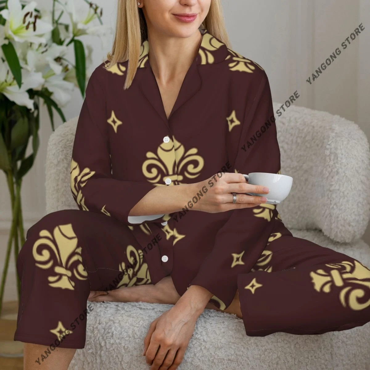 Spring and Autumn Long Sleeve Pants Pajamas Loungewear Set Geometric Stars Fleur De Lis Women's Pull Edge Loose Sleeping Suit