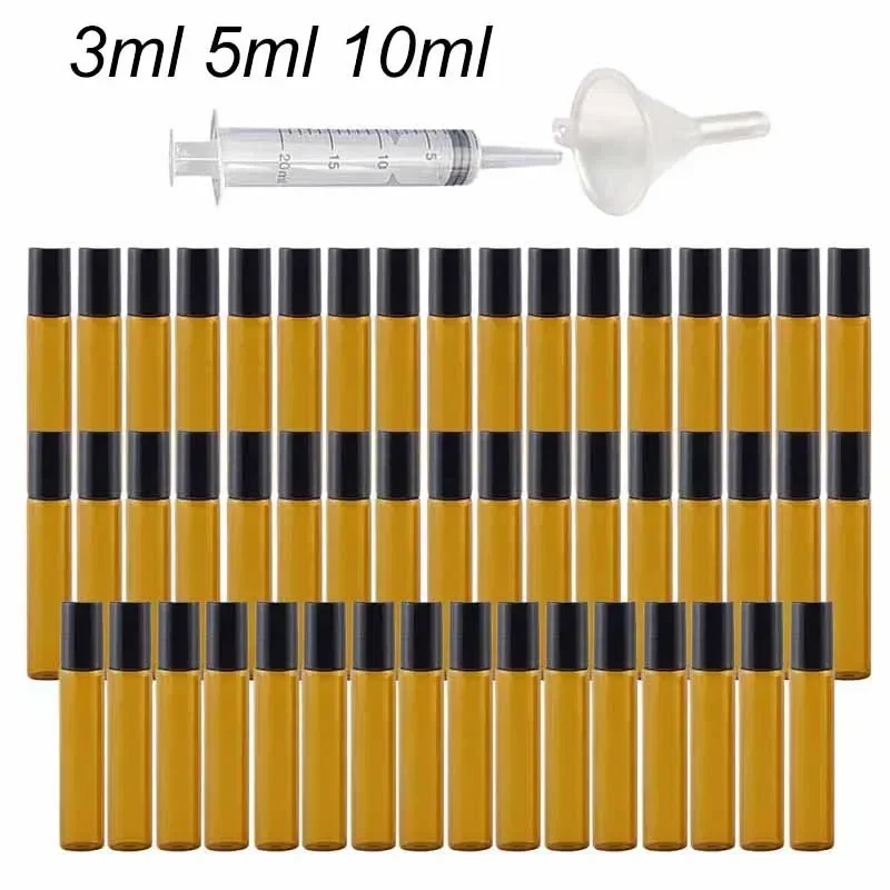10/20/50Pcs 3/5/10ml Amber Thin Glass Roll on Bottle Essential Oil Vials Sample Test Perfume Bottle With Roller Funnel Syringe