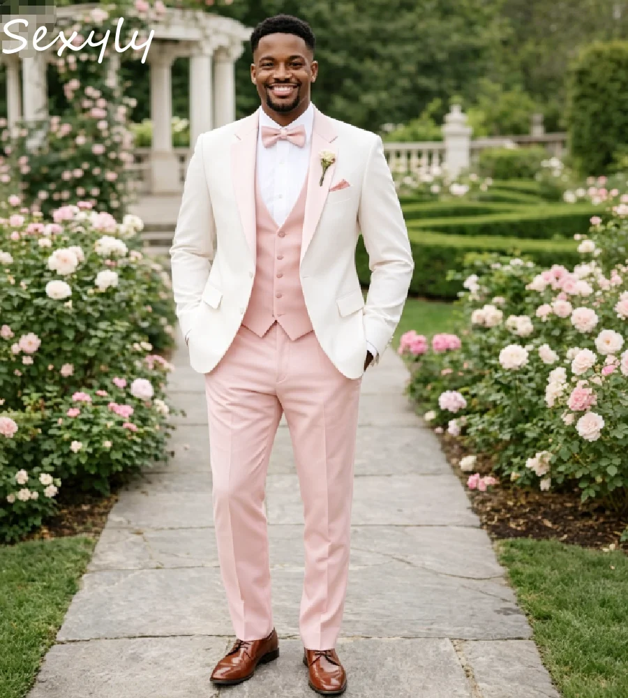 Elegant White Pink Men's Wedding Suit Slim Fit Formal Tuxedo for Groom Prom Party  3-Piece  Blazer Vest Pants African Men Suits