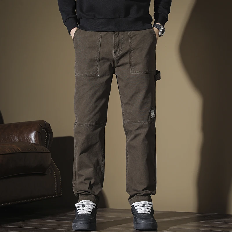 100% Cotton Casual For Pants Men Straight Regular Fit Striped Letters Coffee Khaki Grey Men's Trousers Full Length Large Size 40