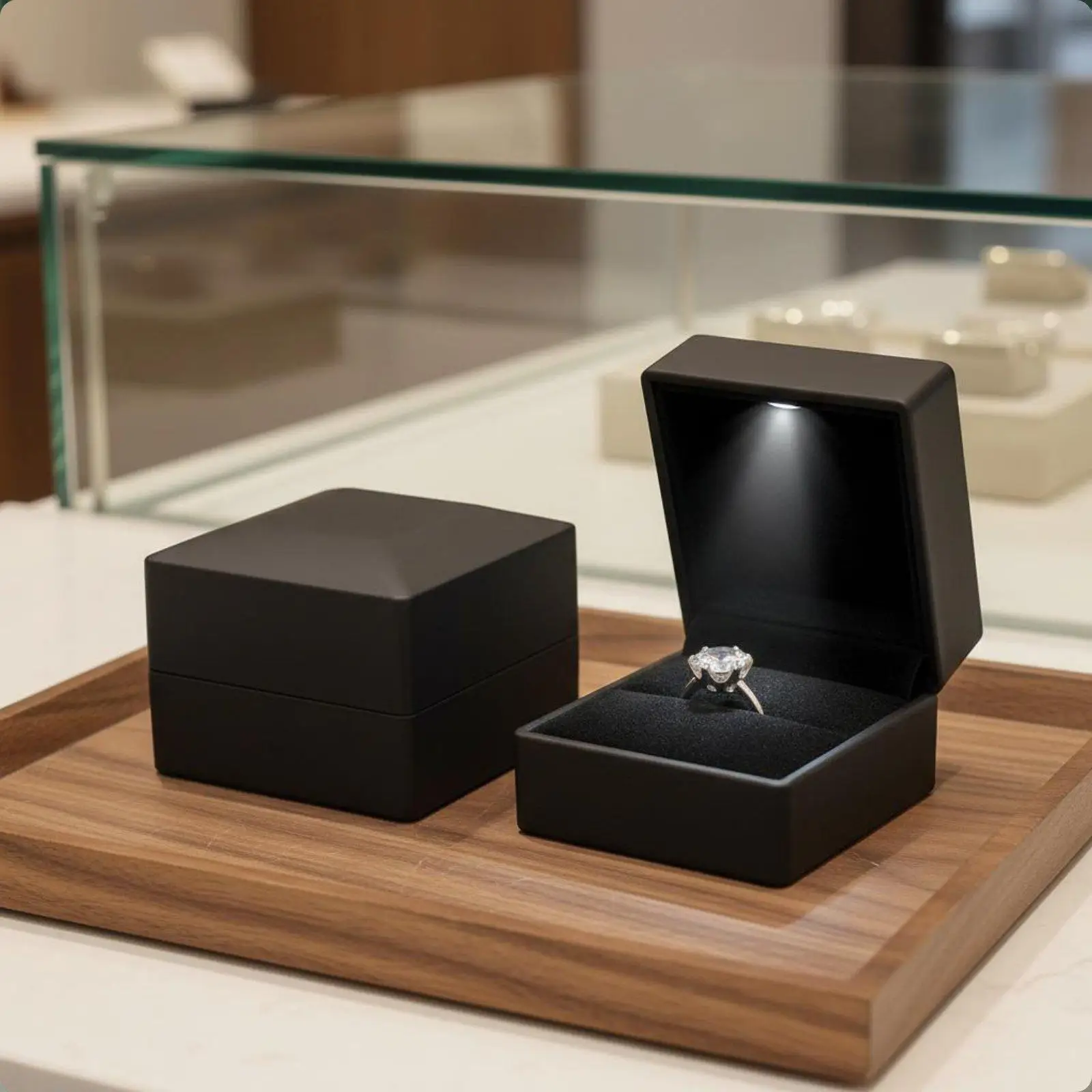 Plush Rubber Jewelry Ring Storage Case Organizer with Inner LED Light for Gift Jewelry Boxes