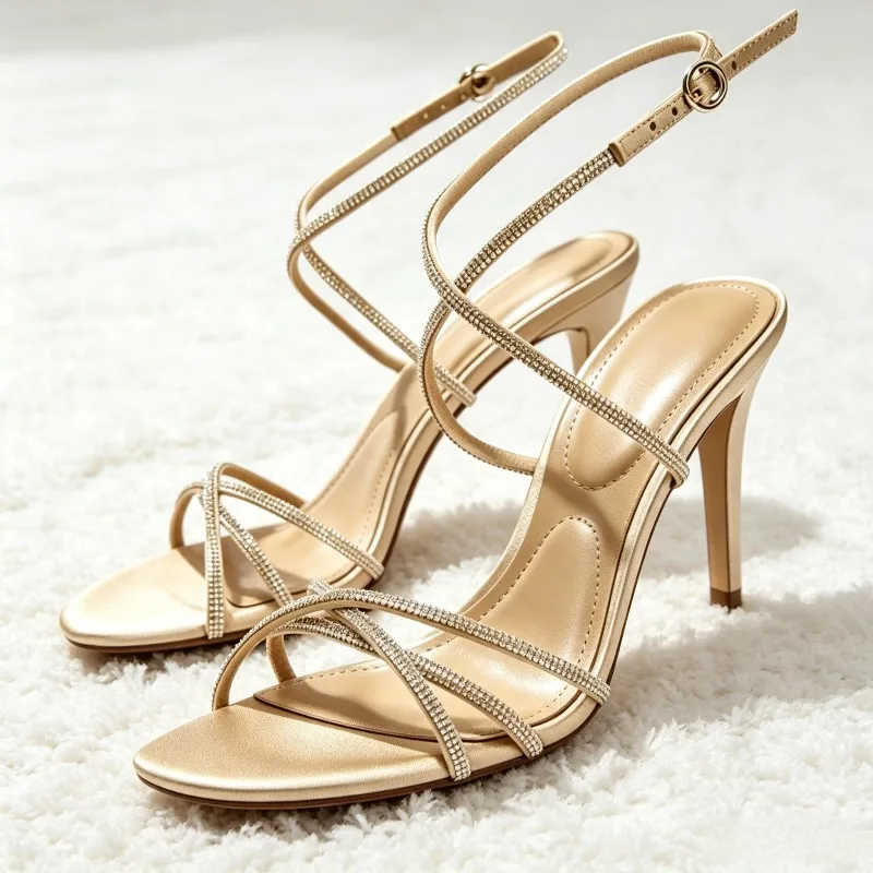 Fashion Cross Tied Heeled Sandals Women Unique Crystal Detail Stiletto Designer Shoes Adjustable Ankle-Strap Buckle Party Shoes