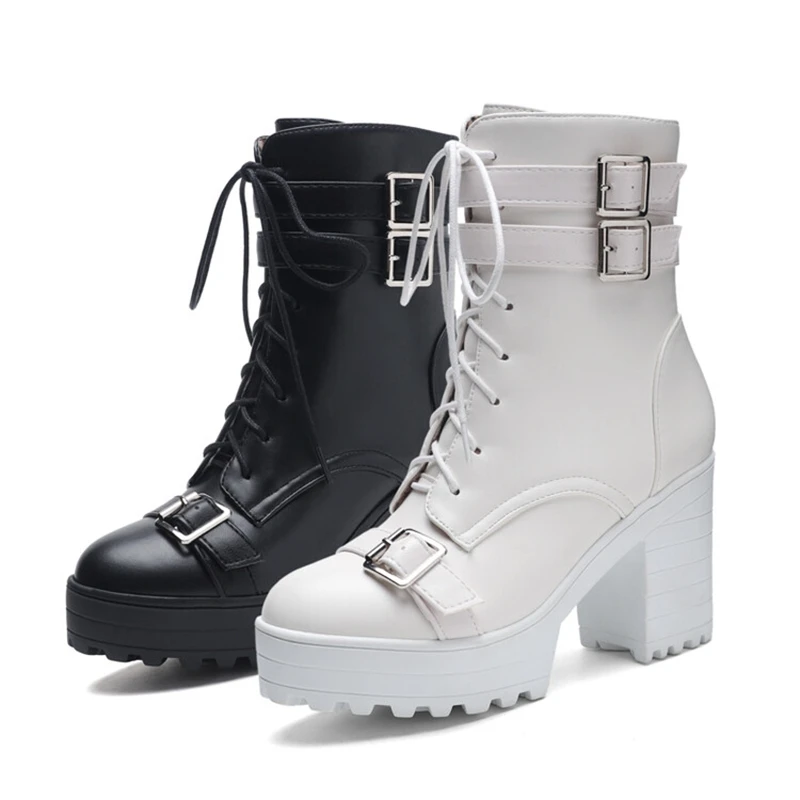 Girseaby New Women's Motorcycle Ankle Boots Round Toe 9cm Block Heel Lace Buckles White Black Big Size 42-43 US12 Fashion Style