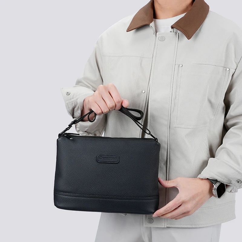 New Men's Handbag Genuine Leather Multi-Functional Single oulder Slung Bag Calfskin Texture Small Bag Simple Men's Bag 