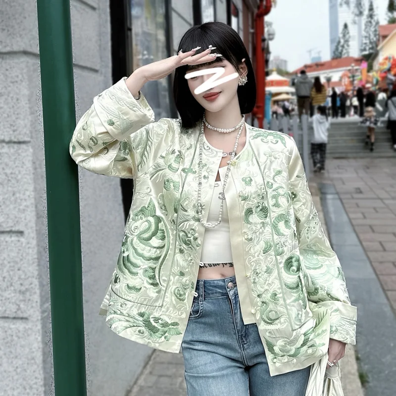 High-end Spring Autumn Acetate Top Chinese Tang Attire Retro Embroidery Elegant Lady Jacket Female S-XXL