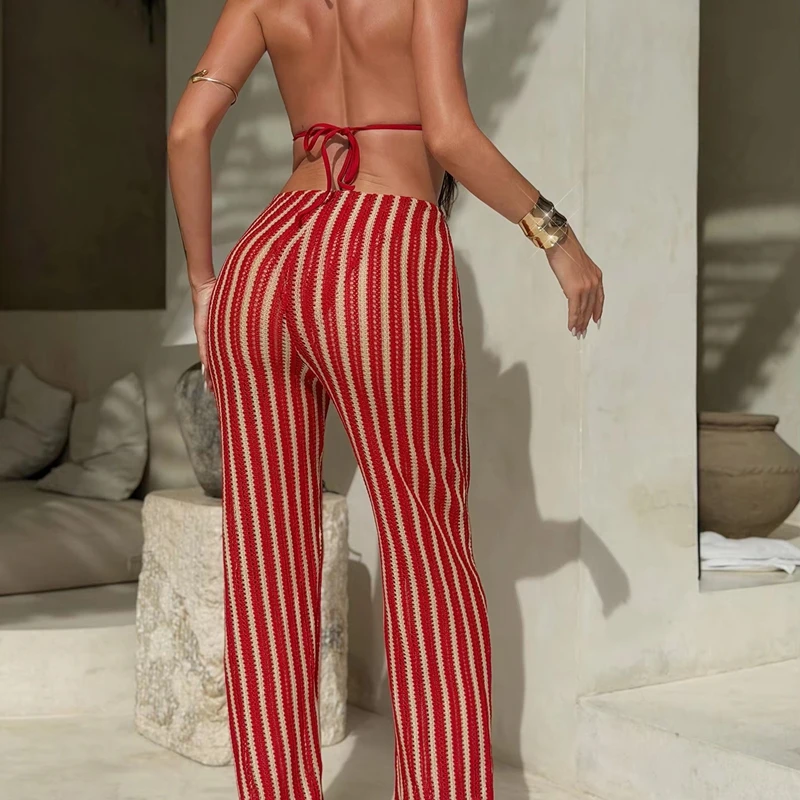  Women 3 Piece Striped Bikini Set Swimsuit Triangle Halter Top With Drawstring Pants Cover Up Skirt,crochet Hollow Out Swimwear