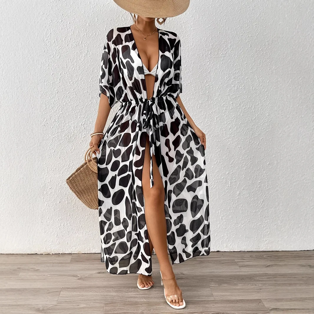 Women's Loose Batwing Sleeve Leopard Print Mesh Beach Cover-Up with Waist Strap Bikini Cover Cardigan Swimwears