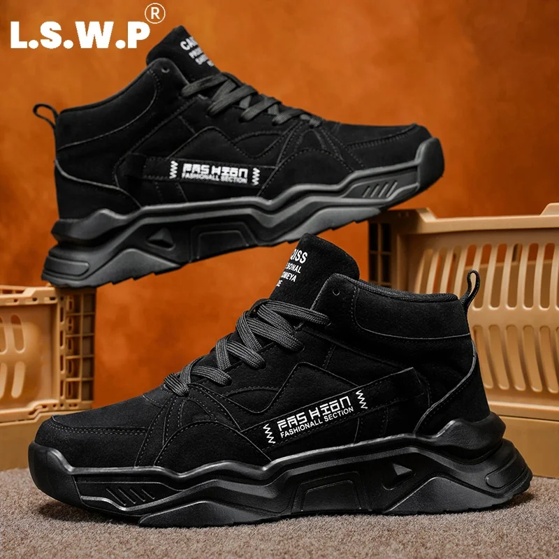Men's casual sports shoes  LaceUp Men HighTop Dad Shoes Suede Surface Thick Cushion Sole Outdoor Walking Footwear