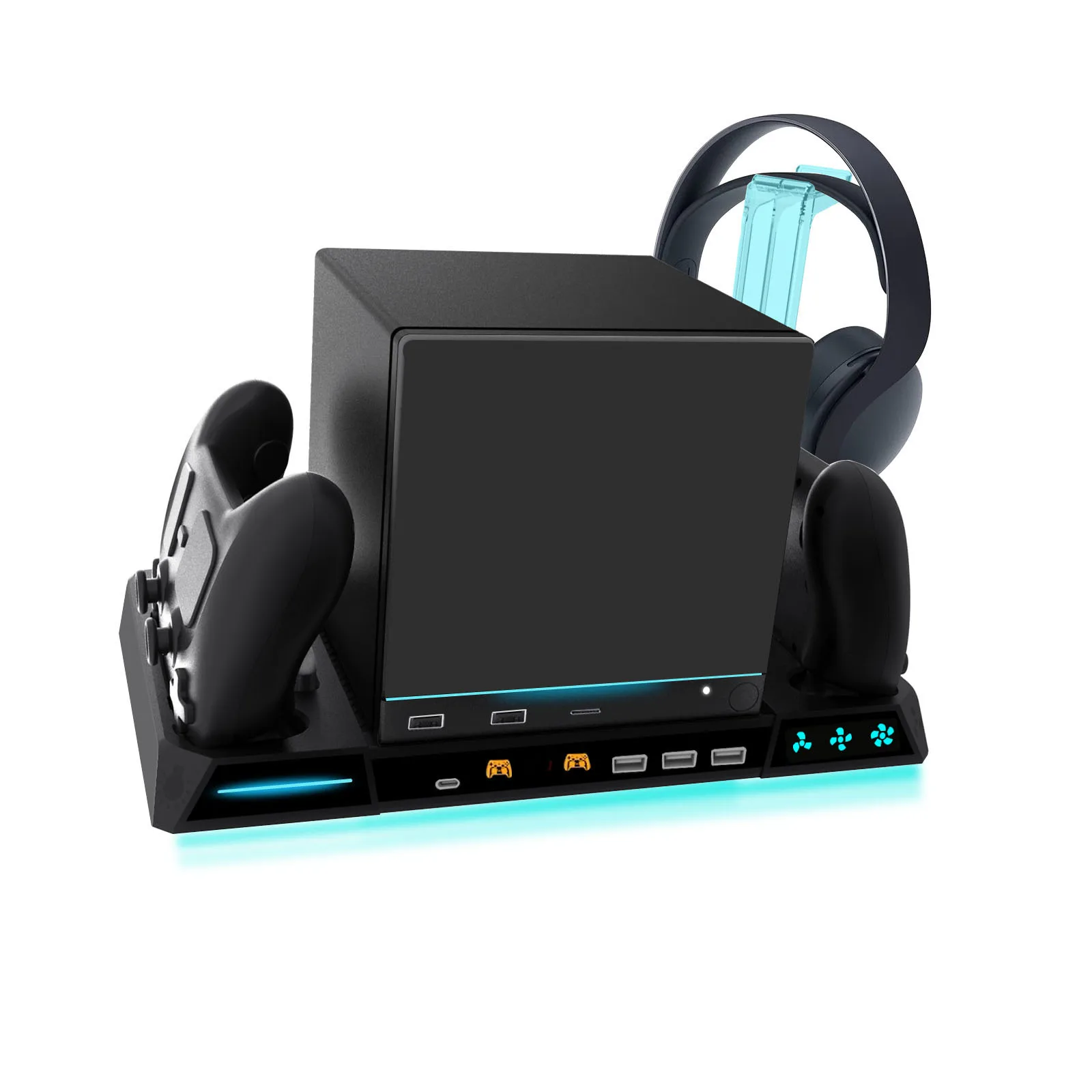 Charging Dock for Steam Machine with 3-Speed Cooling Fan RGB Lights 2 Controller Chargers USB Hub Headphone Stand