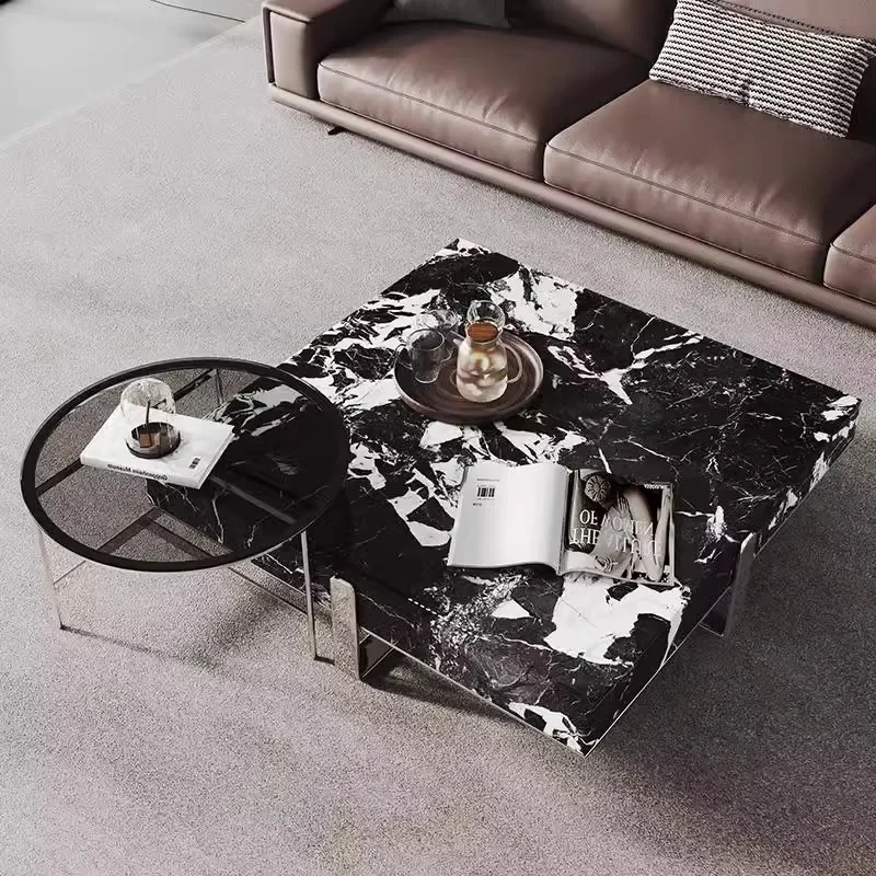 //+For Italian Minimalist Square Coffee Table, Black White Stone Top, Heat-Resistant & Easy Clean, Sturdy Compact Designer Set