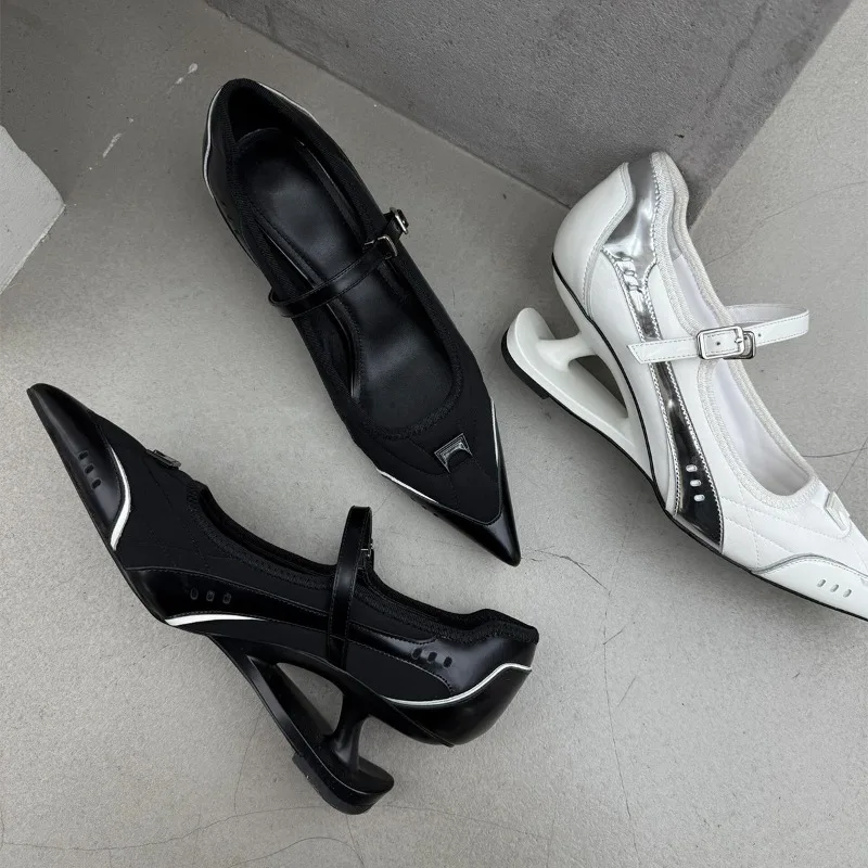 Women Pointed Toe Mary Jane Pumps Unique Cutout Sculptural Heel Ankle Strap Buckle Futuristic Fashion Dress Shoes for Women New