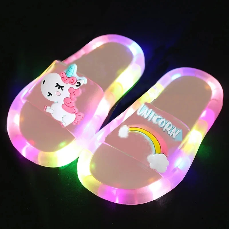 Childrens Boys Girls Slippers Cartoon Unicorn Animals Prints Shoes Lighted Fashion Cute Shoes Bathroom Kids Toddler Slippers