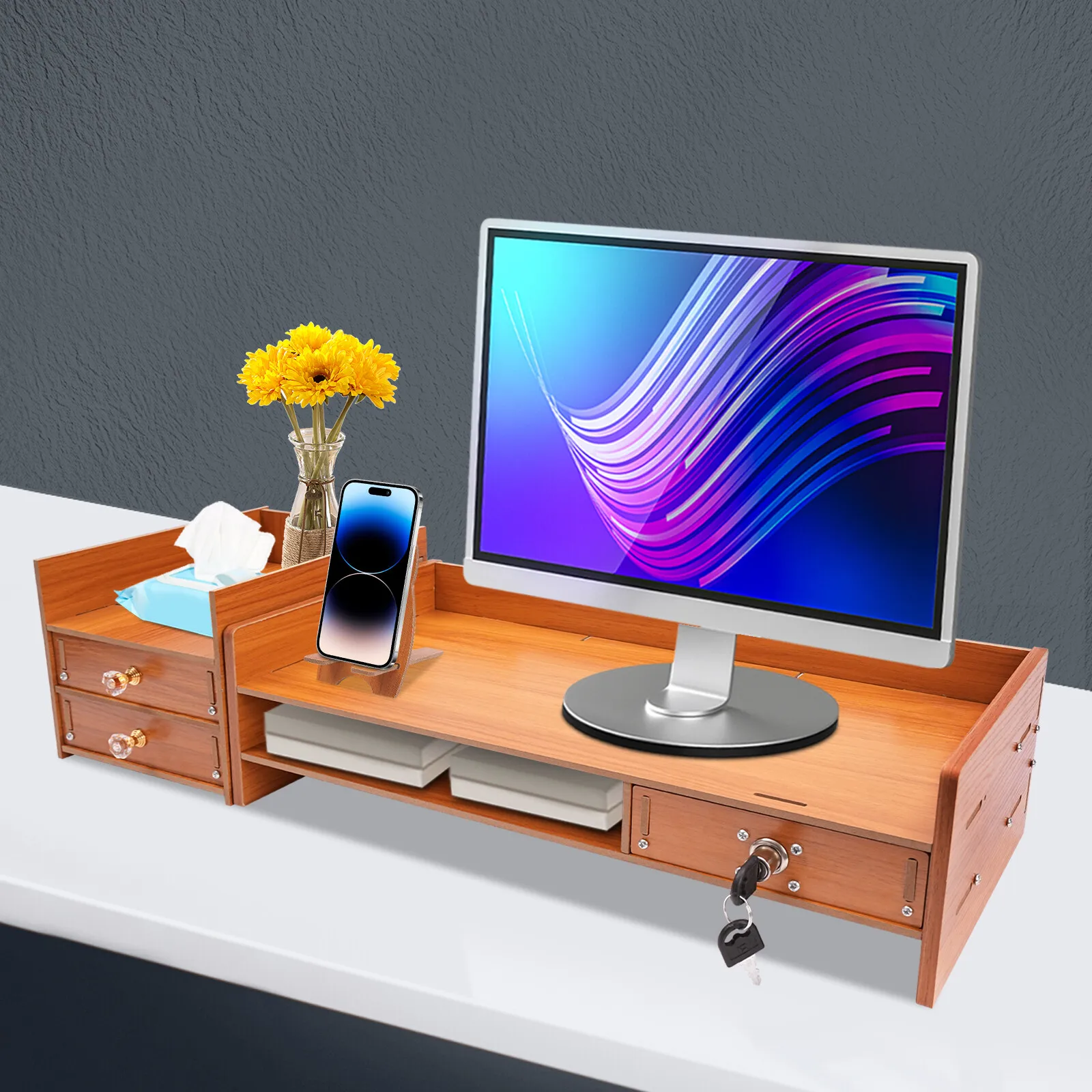 MDF Tabletop Wooden Desk Organizer with Drawers Office Supply Computer Desktop
