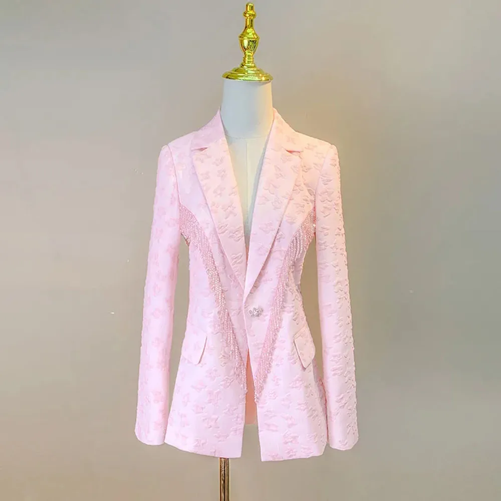 2024Spring Autumn Pink Blazers For Women Long Sleeve Fashion Jacquard Elegant Jacket Female Casual Crystal Tassel Slim Coat Lady