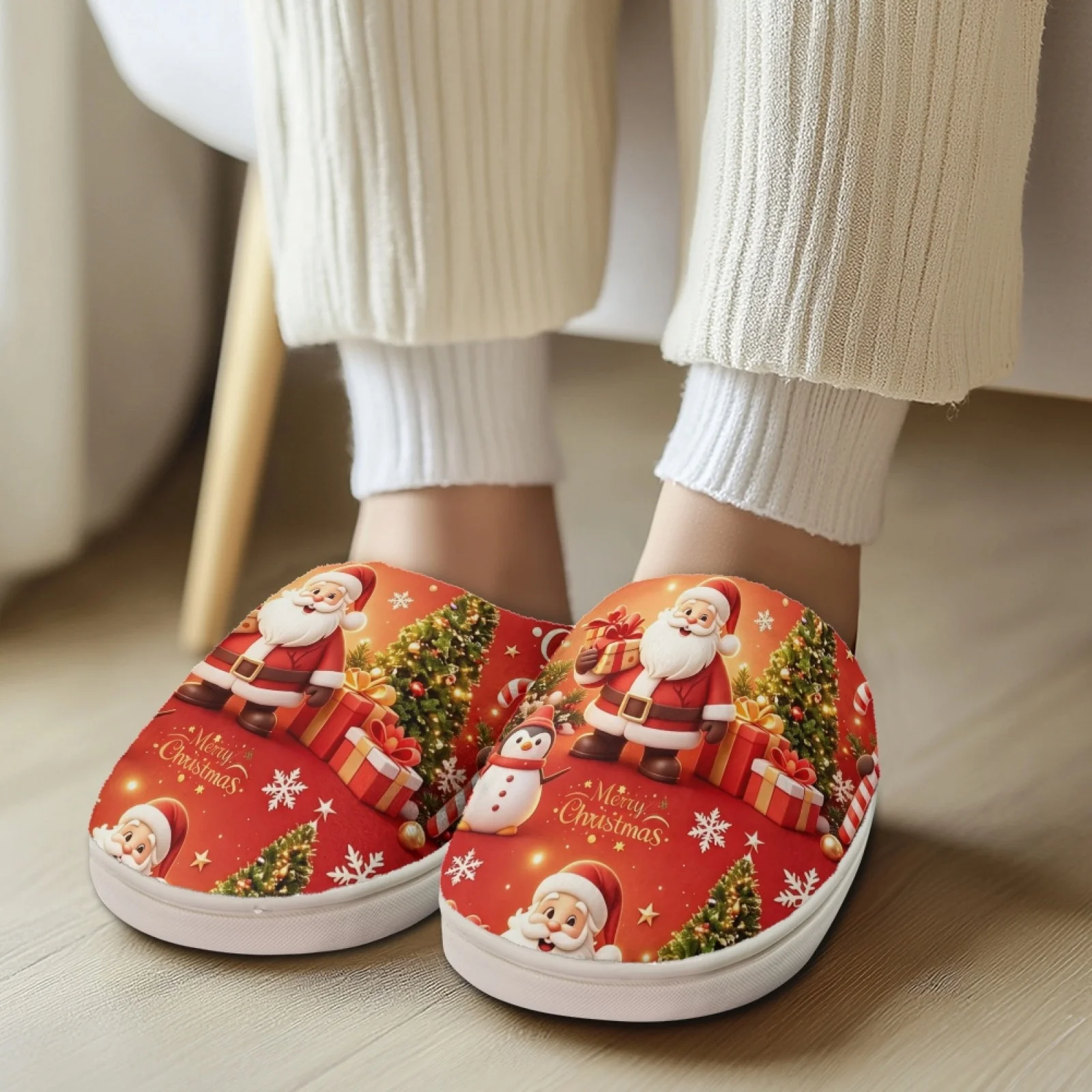 PENSTROLL Christmas Santa Print Freelancer Home Shoes Cushion Memory Foam Slipper for Outdoor Warm House Shoes For Seniors