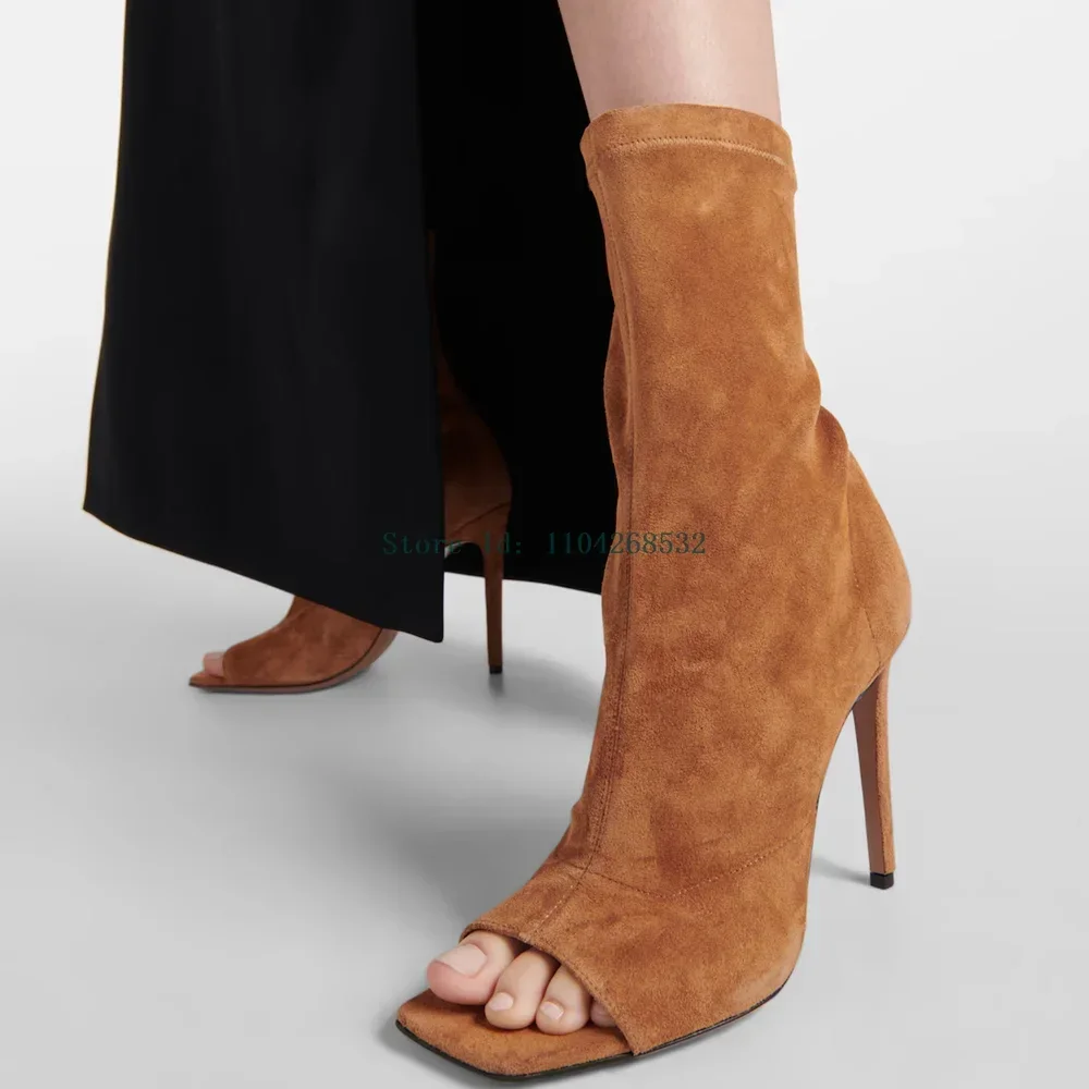 Suede Peep Toe Ankle Boots Sexy Square Toe Stiletto Zippet Solid New Arrivlas Fashion Women Modern Boots