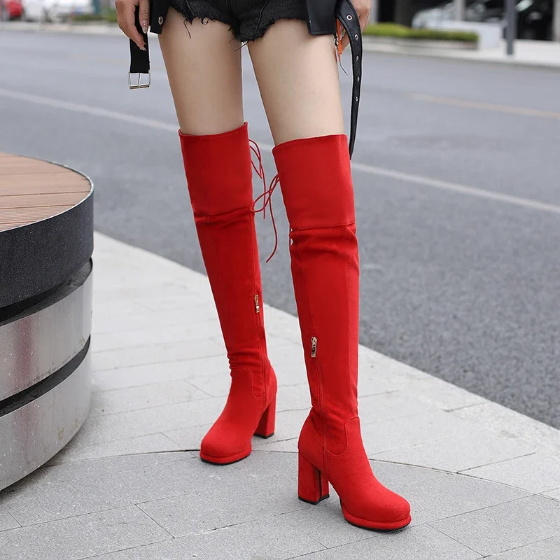 2025 Fashion Sexy Modern Long Boots Winter Over The Knee High Nubuck Suede Chunky High Heel Red Black Zip Lacing women Shoes