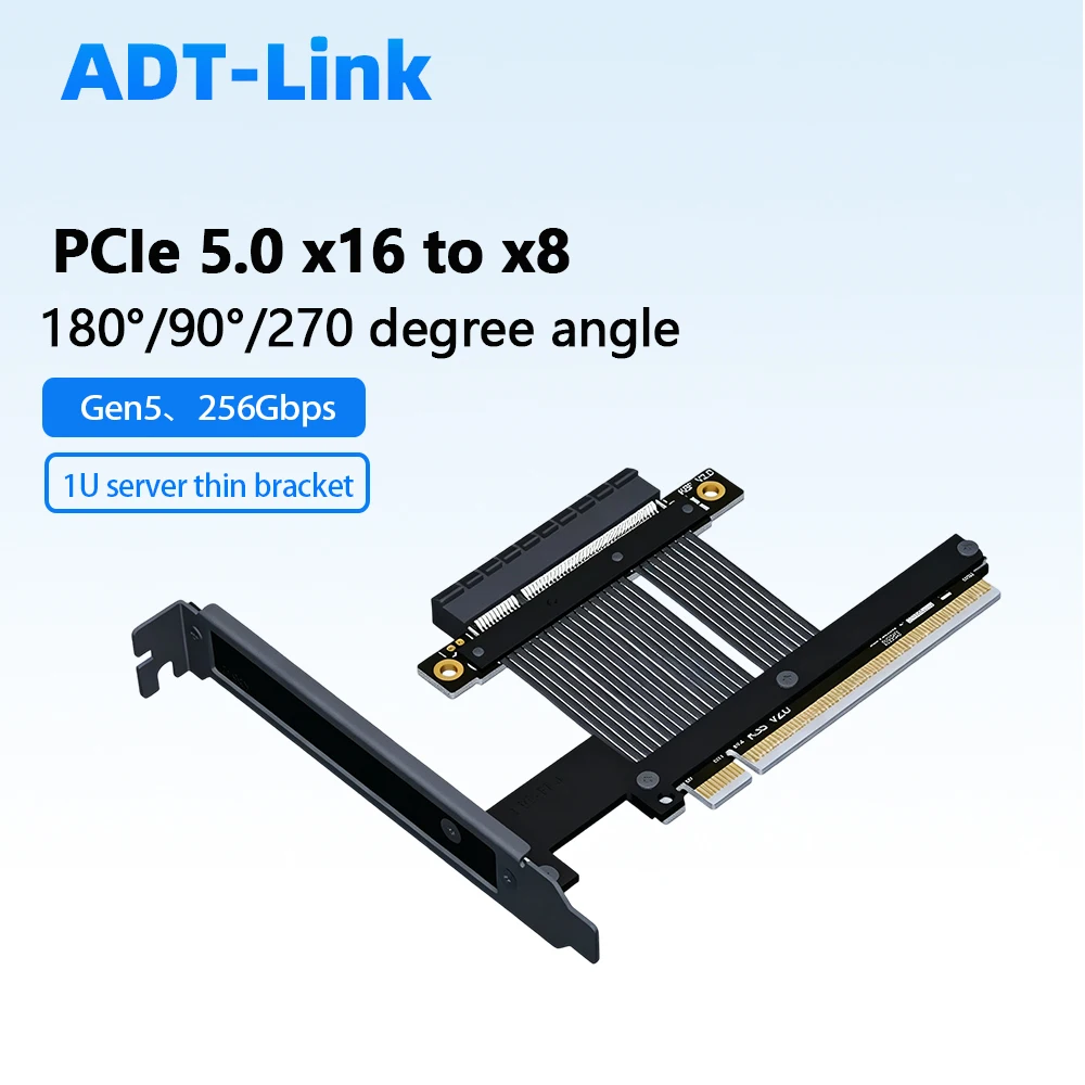ADT PCIe 5.0 X16 To X8 Riser Cable 256Gbps Soft Ribbon Gen5 Extender 180/90/270 Adjustable GPU Adapter for 1U Server Gaming PC