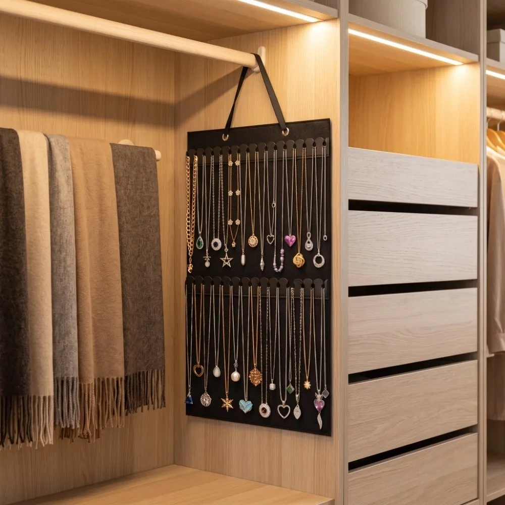 Wall Mounted Jewelry Organizer Bag Single/Double Sided Vertical Jewelry Display Bag Felt Space Saving Jewelry Collection Holder