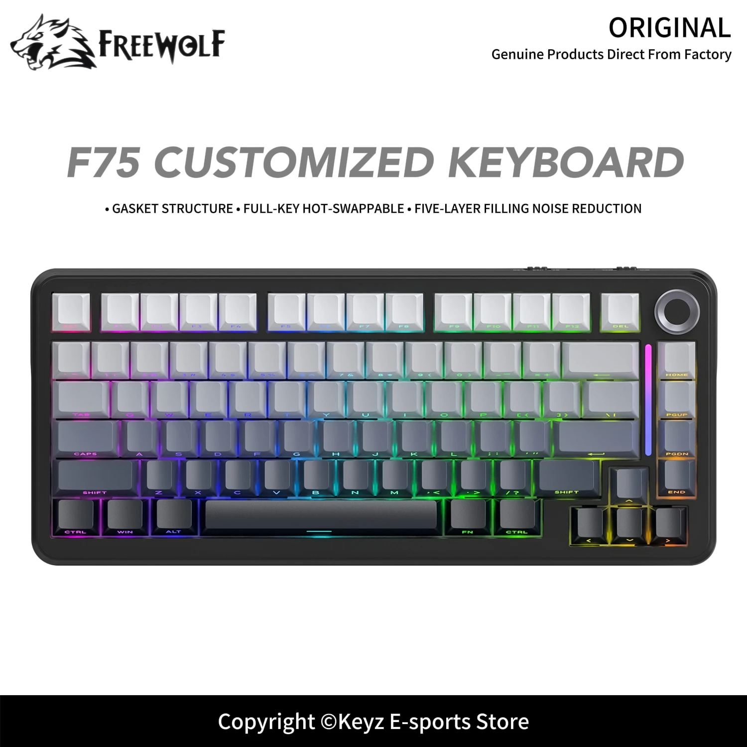 FREEEWOLF F75 Wireless Mechanical Keyboard Leaf Spring Gasket 5-Layer Sound Dampening 4000mAh RGB Hot Swappable for E-Sports