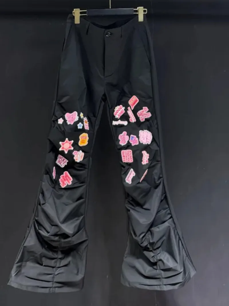 Fashion New Men Pants Personalized Tag Spliced Decoration Loose Casual Wide-Leg Trousers Autumn Trend Menswear XS36