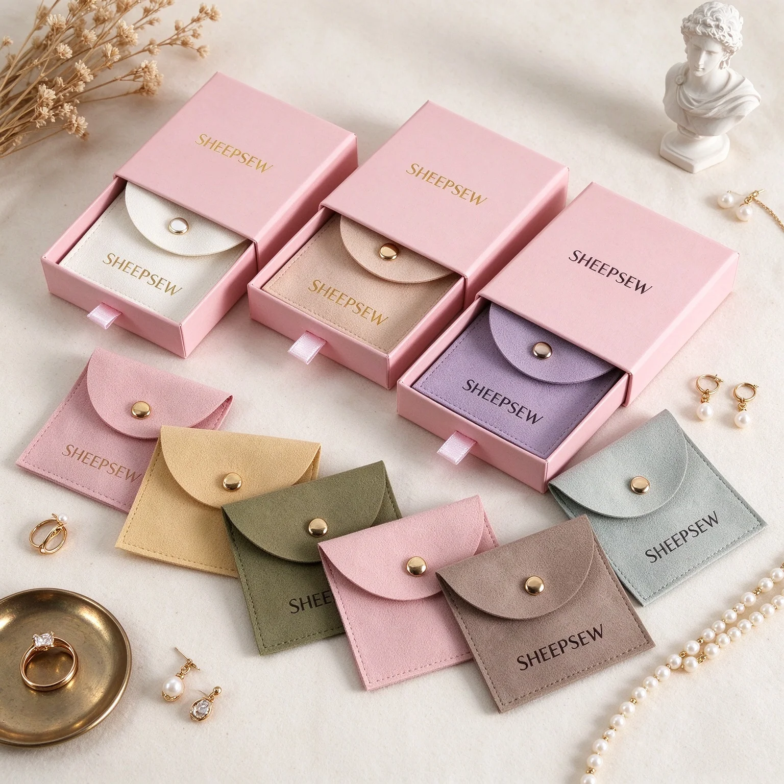 SHEEPSEW 9x9x2.5cm Jewelry Drawer Cardboard Gift Box With 8x8cm Microfiber Suede Pouch Bag Custom Personalized Logo Ring Jewelry