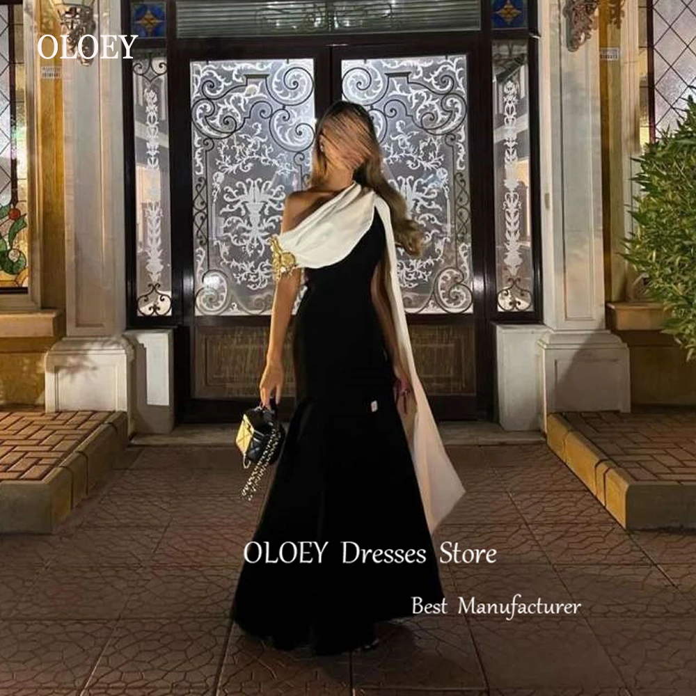 OLOEY Saudi Arabic Women Simple Black And White Mermaid Evening Dresses Long Cape Sleeve Prom Gowns Formal Party Event Dress