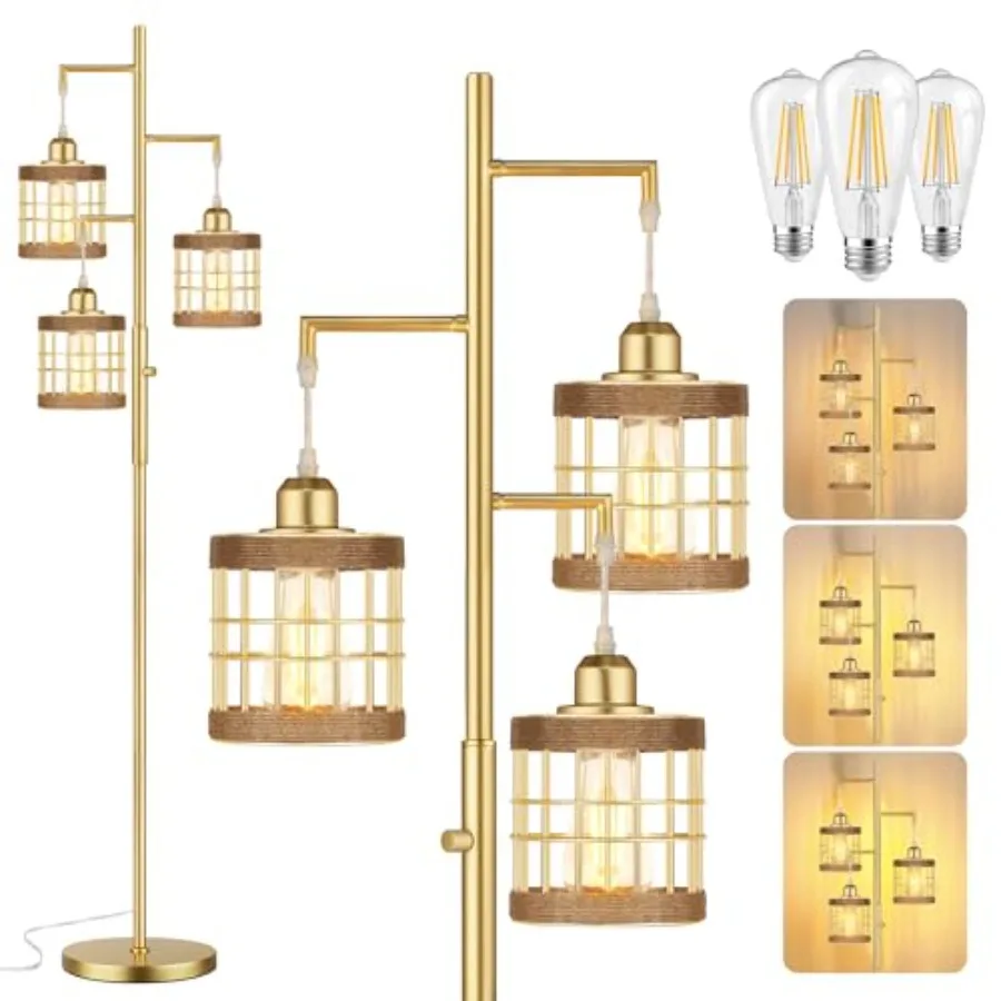 Industrial Floor Lamps for Living Room, Tree Standing Lamp with Stepless Dimmable, 68" Tall Lamps for Bedroom Study, 3 LED Bulb