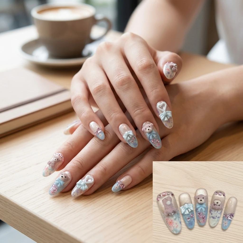 Wearable Handmade Nails Floral 3D Bear Decor Press On Nail Tips Flash Cute Blue Bows Artificial Nails For Women Daily Beauty Use