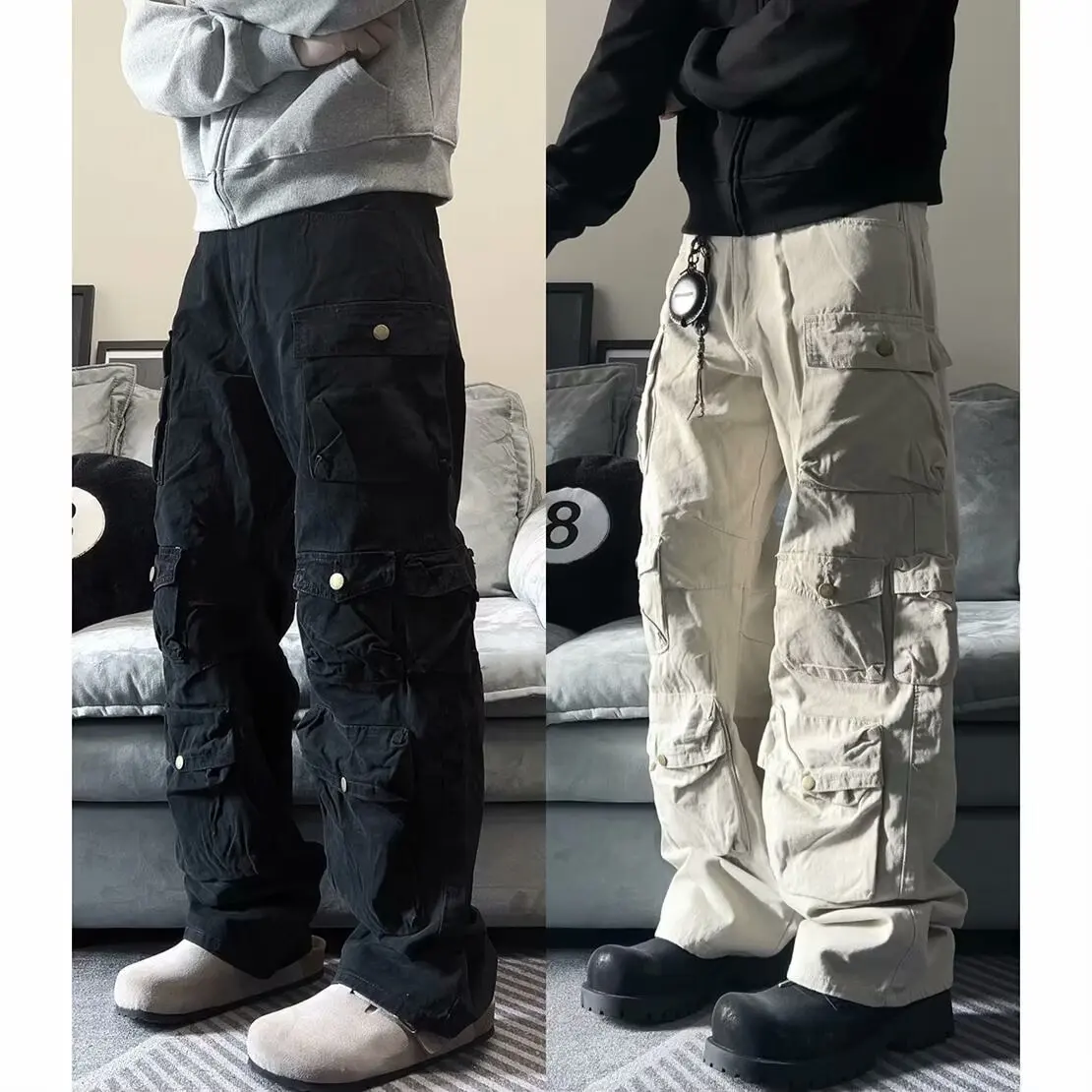 Multi-pocket cleanfit large pocket button straight loose American overalls men's trendy jeans