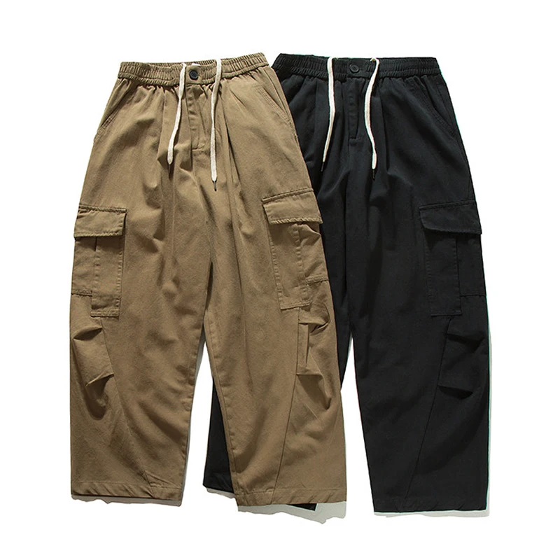 Men Streetwear Fashion Vintage Loose Casual Wide Leg Big Pocket Cargo Baggy Pants Cityboy Oversize Pure Cotton Trousers